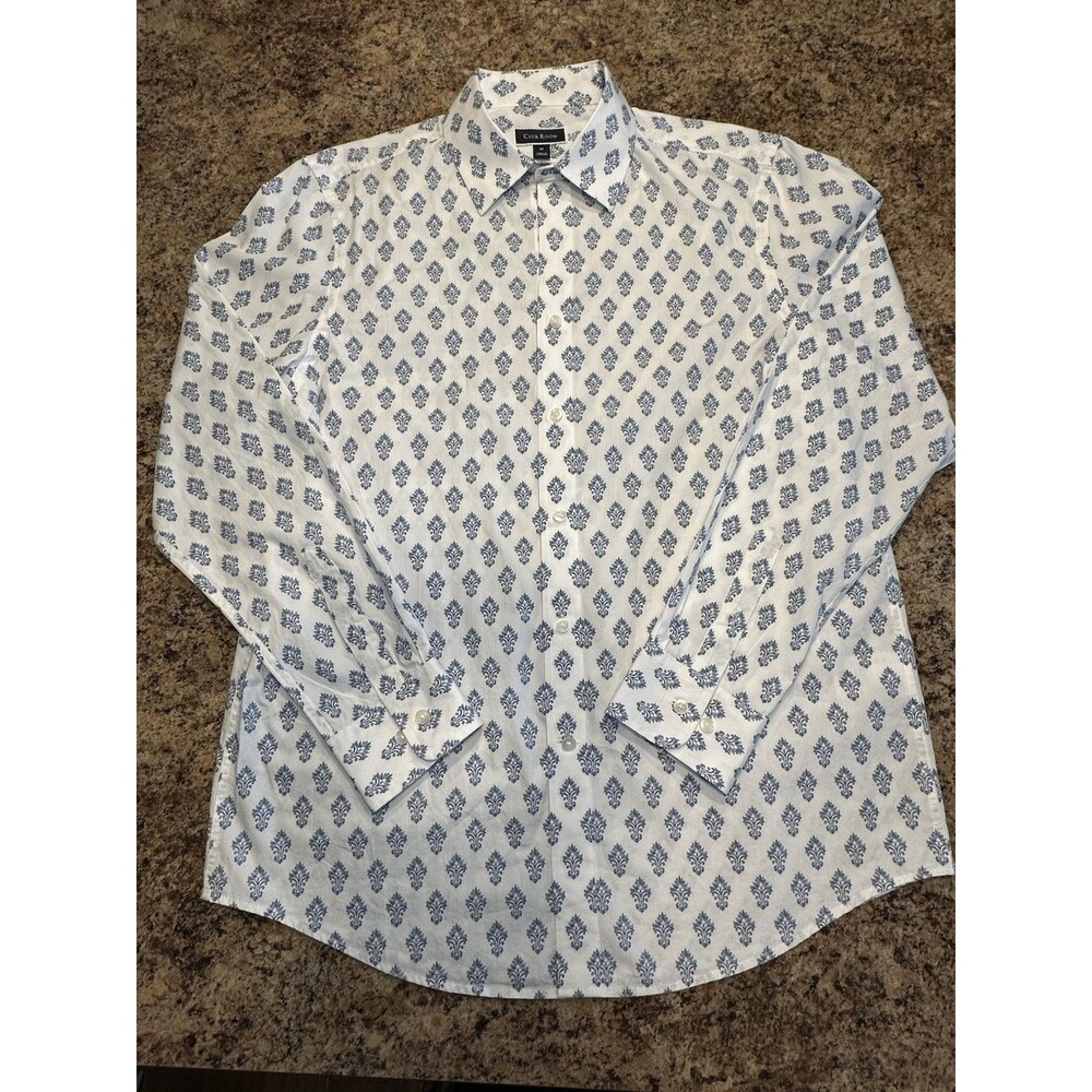 Club Room Men's M Dress Shirt White/Blue Paisley Cotton Long Sleeve